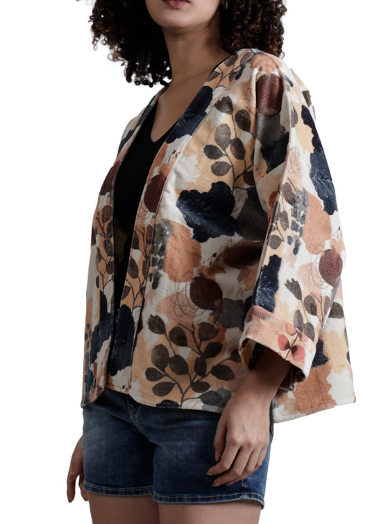 Autumn Earth Botanica Short Kimono – Neutral Abstract Floral