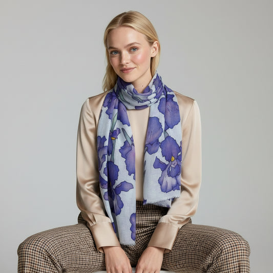 Iris Bloom Floral Scarf – Pure Silk Designer Wrap | Blue Botanical Print