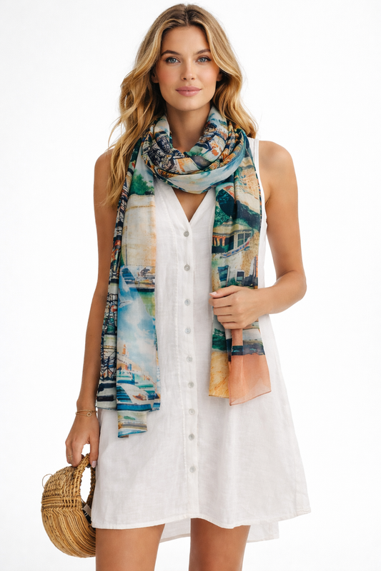 Venetian Canal Cityscape Scarf – Pure Silk Designer Wrap | Architectural Travel Print