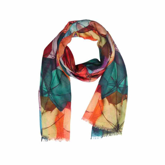Color Splash Umbrella Print Abstract Merino Wool Silk Designer Scarf – Multicolour Statement Accessory