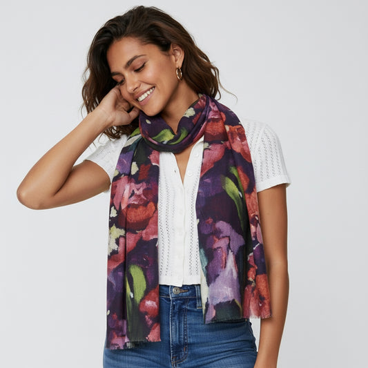 Painterly Bloom Abstract Floral Scarf – Modal Silk Designer Wrap | Artistic Multicolor Print