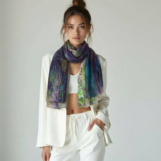 Forest Reflection Australian Coastal Scarf – Pure Silk Designer Wrap | Scenic Landscape Artistic Print