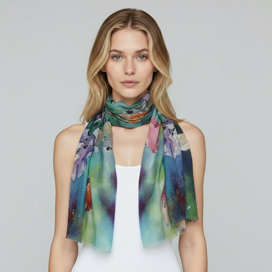 Watercolor Iris Garden Floral Scarf – Fine Merino Wool Designer Wrap | Artistic Botanical Print