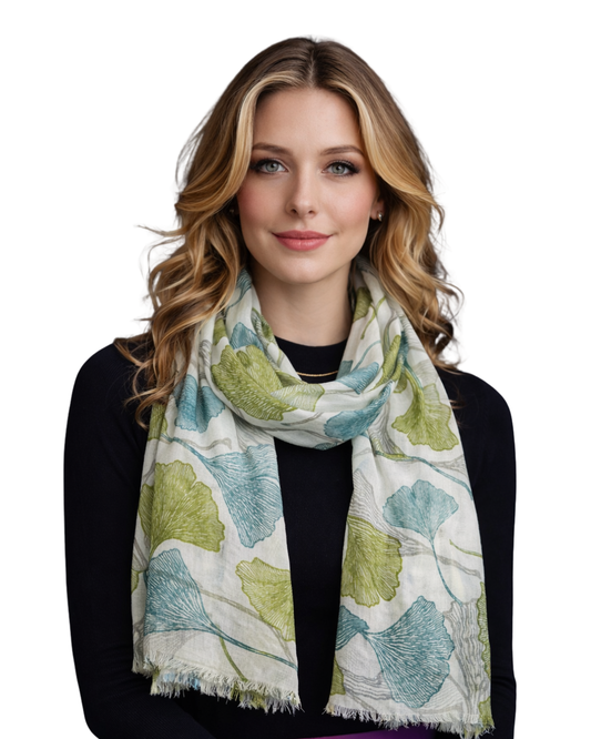 Autumn Ginkgo Leaf Scarf – Merino Wool Silk Designer Wrap | Japanese Botanical Nature Print- Green Tone