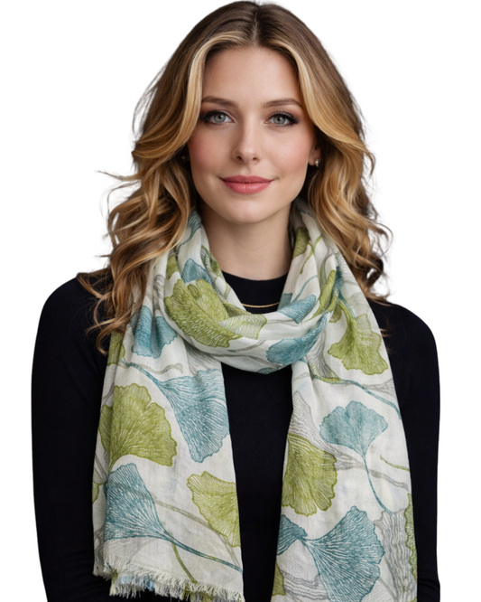Autumn Ginkgo Leaf Scarf – PureSilk Designer Wrap | Japanese Botanical Nature Print- Green Tone