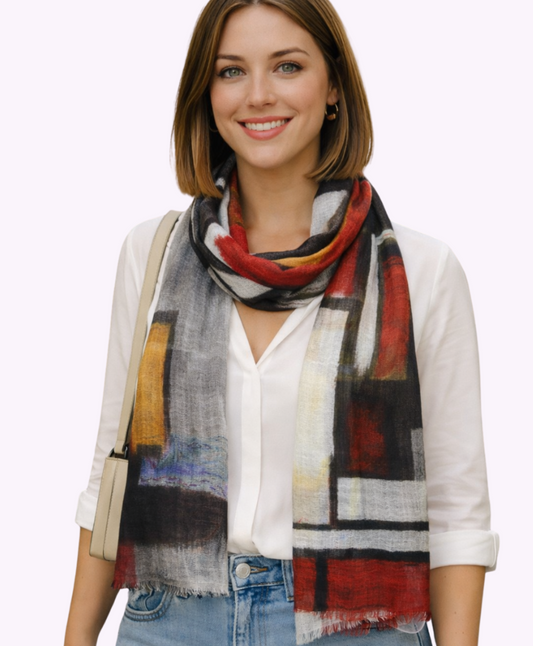 Modern Geometric Abstract Scarf – Merino Wool Silk Designer Wrap | Mondrian Style Art Print