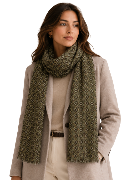 Unisex Olive Heritage Diamond Textured Woven Merino Silk Scarf