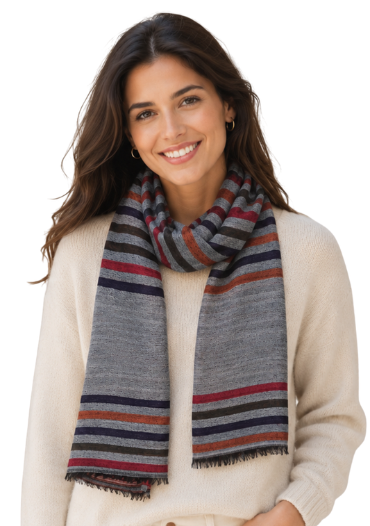 Unisex Horizontal Striped Merino Wool Scarf – Lightweight Soft Winter Wool Wrap
