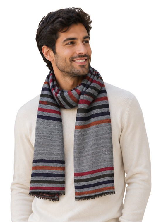 Unisex Horizontal Striped Merino Wool Scarf – Lightweight Soft Winter Wool Wrap