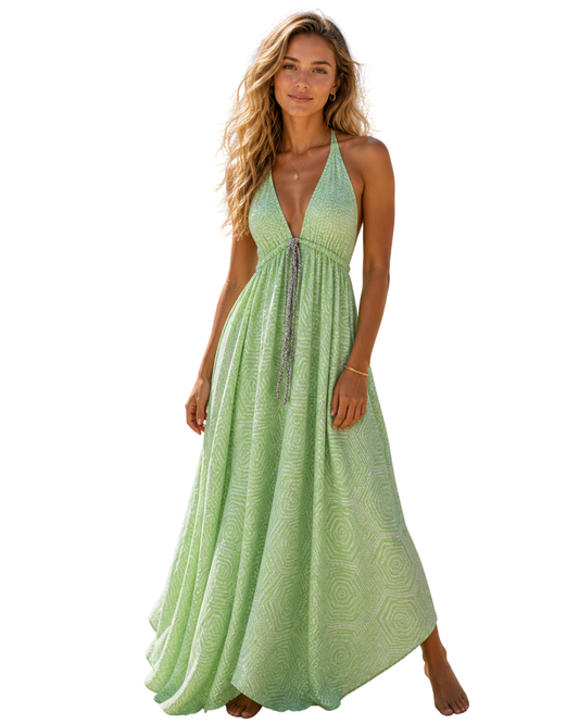 Vestido hasta los tobillos en forma de A con estampado de pájaros de fuego. (Copia)