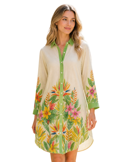 Tropical Print Mid-Length Shirt Dress.