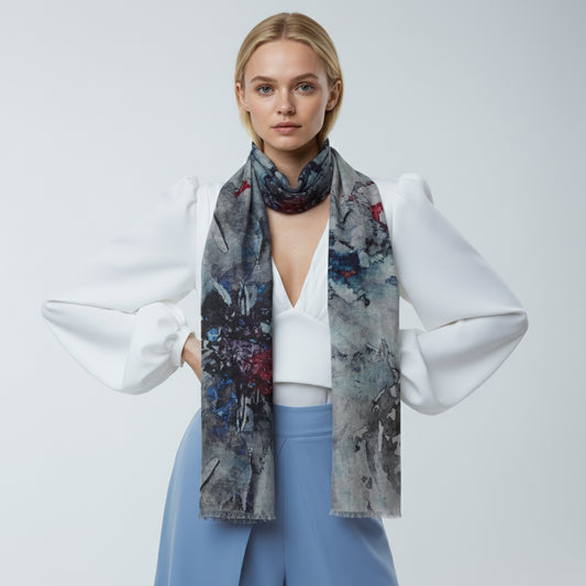 Midnight Bloom Floral Scarf – Cotton Voile Designer Wrap | Abstract Blue Flower Print