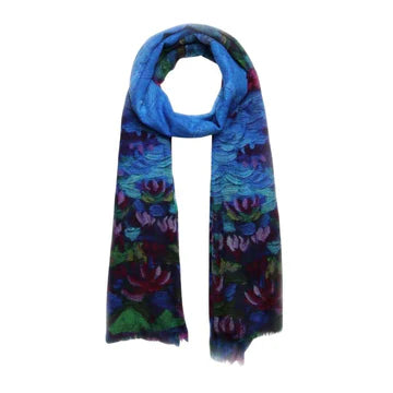 Water Lily Lake Abstract Scarf – Merino Wool Silk Designer Wrap | Monet Inspired Old Masters Print