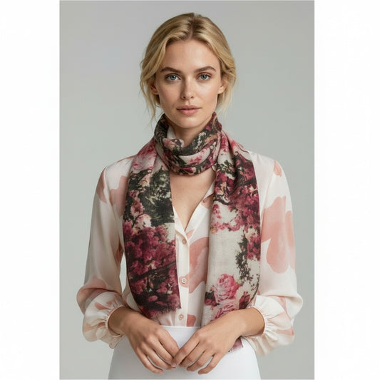 Parisian Blossom Architectural Scarf – Merino Fine Wool Designer Wrap | Vintage Bicycle & Eiffel Print