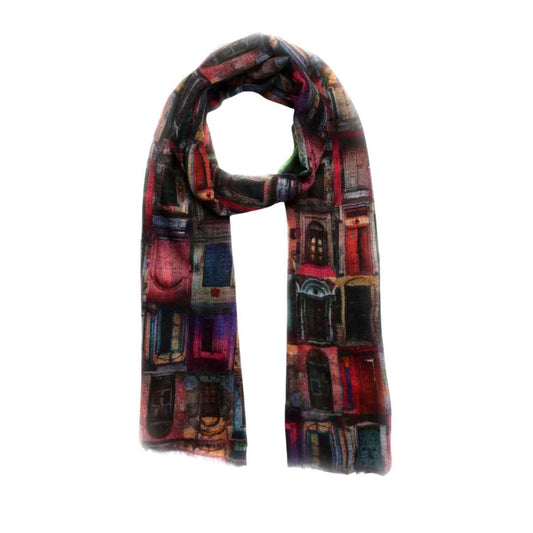 Heritage Doors Architectural Scarf – Merino Fine Wool Designer Wrap | Multicolour Vintage Print