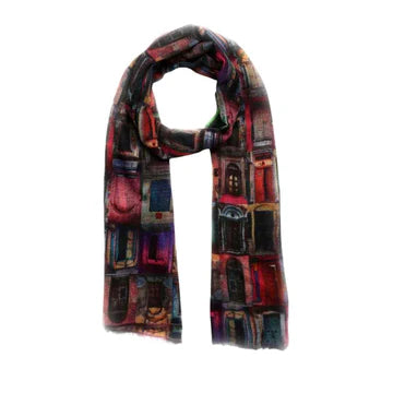 Heritage Doors Architectural Scarf – Merino Wool Silk Designer Wrap | Multicolour Vintage Print