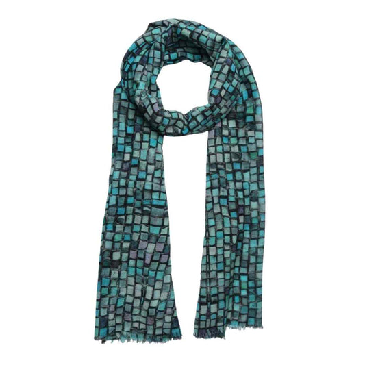 Turquoise Mosaic Abstract Scarf – Merino Wool Silk Designer Wrap | Geometric Tile Art Print