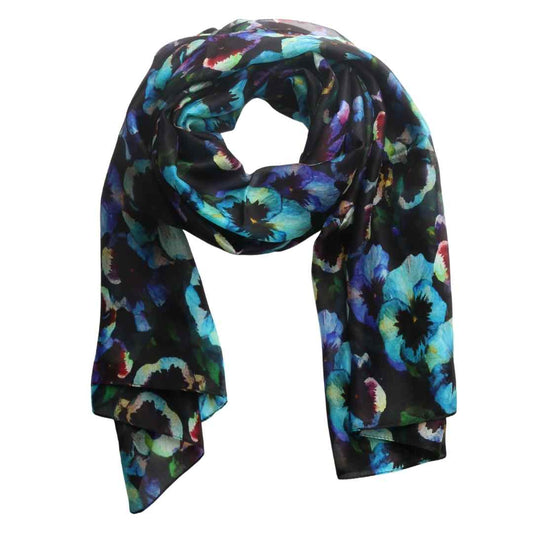 Midnight Pansy Floral Scarf – Pure Silk Designer Wrap | Dark Botanical Garden Print