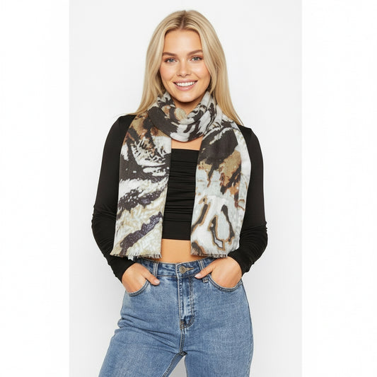Safari Palm Animal Print Scarf – Fine Merino Wool Designer Wrap | Leopard & Tropical Motif