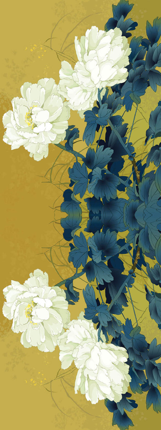 Golden Peony Floral Scarf – Modal Silk Designer Wrap | Artistic Japanese Botanical Print