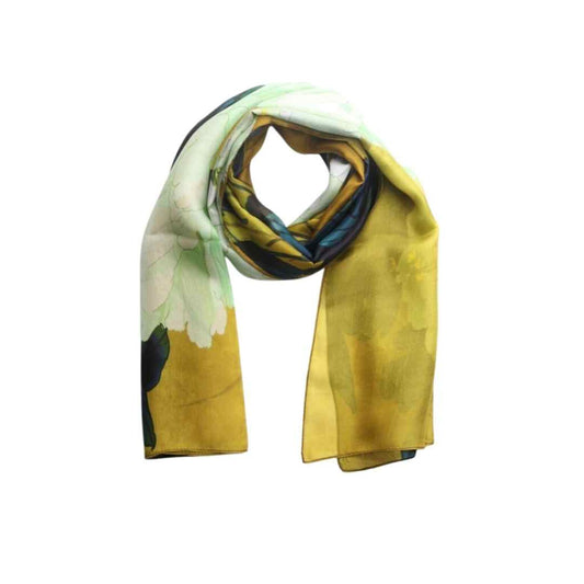 Golden Peony Floral Scarf – Pure Silk Designer Wrap | Artistic Japanese Botanical Print