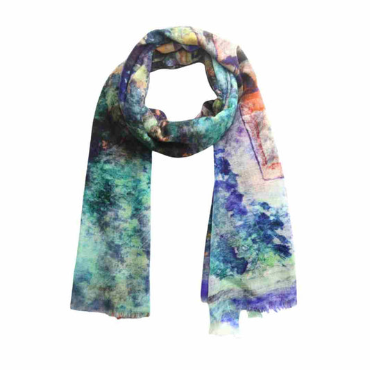 Autumn Forest Abstract Scarf – Merino Wool Designer Wrap | Colorful Woodland Watercolor Print