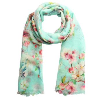 Cherry Blossom Crane Floral Scarf – Merino Wool Silk Designer Wrap | Japanese Inspired Bird Print