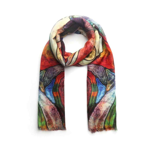 Cosmic Harmony Abstract Scarf – Merino Wool Silk Designer Wrap | Multicolour Artistic Pattern