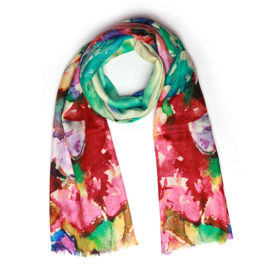 Blooming Symphony Floral Scarf – Modal Silk Designer Wrap | Multicolour Watercolor Botanical Print
