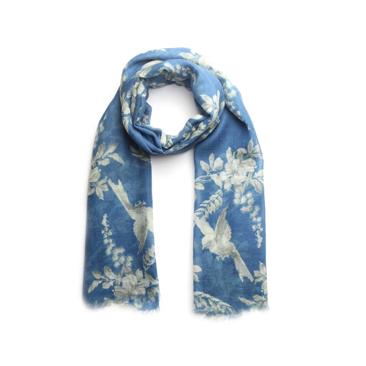 Ivory Cockatoo Botanical Scarf – Fine Merino Wool Designer Wrap | Blue Floral Bird Print