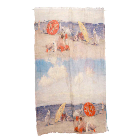 Coastal Seaside Umbrella Scarf – Pure Linen Designer Wrap | Impressionist Ocean Beach Australain Coastal Print
