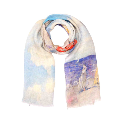 Coastal Seaside Umbrella Scarf – Pure Linen Designer Wrap | Impressionist Ocean Beach Australain Coastal Print