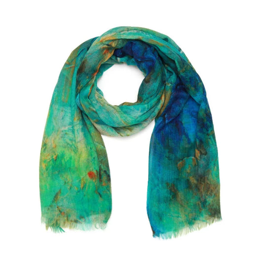 Ocean Breeze Abstract Scarf – Modal Silk | Blue & Gold Artistic Print Wrap