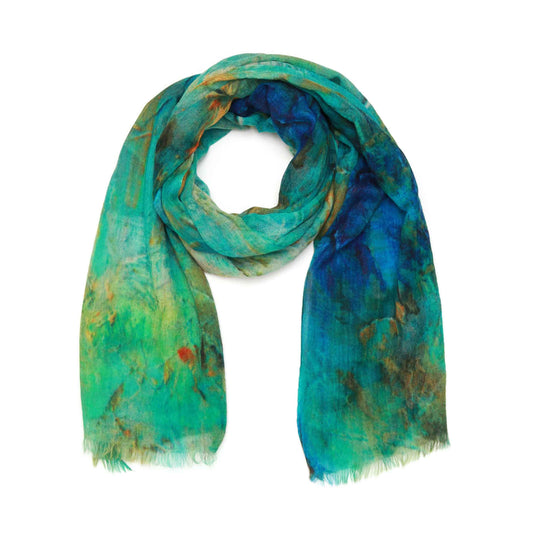 Ocean Breeze Abstract Scarf – Merino Fine Wool | Blue & Gold Artistic Print Wrap