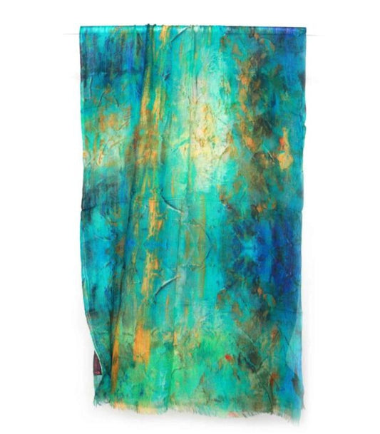 Ocean Breeze Abstract Scarf – Modal Silk | Blue & Gold Artistic Print Wrap