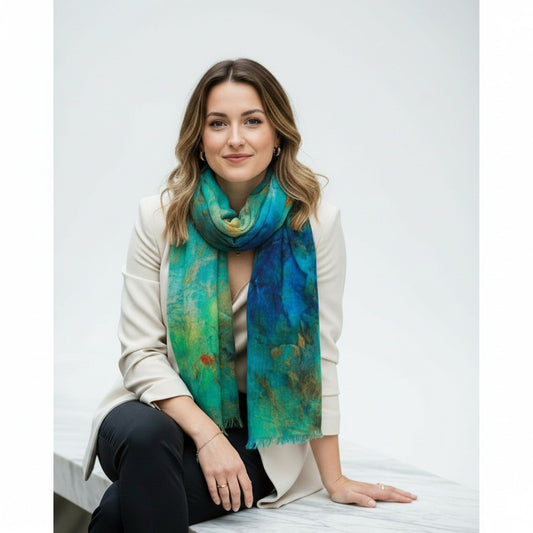 Ocean Breeze Abstract Scarf – Merino Fine Wool | Blue & Gold Artistic Print Wrap