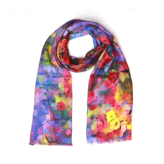 Impressionist Garden Bloom Scarf – Merino Wool Silk | Colorful Abstract Floral Wrap