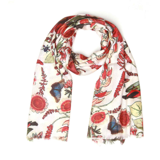 Tropical Garden Scarf – Cotton Modal | Red Botanical & Exotic Bird Australian Coastal Print on White