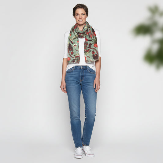 Tropical Garden Scarf – Modal Silk Blend | Red Botanical & Exotic Bird Australian Coastal Print on Khaki Green