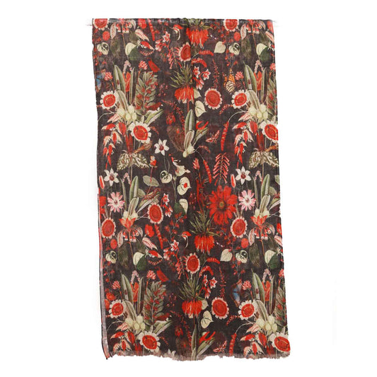 Tropical Garden Scarf – Pure Linen Wrap | Red Botanical & Exotic Bird Australian Coastal Print on Black base