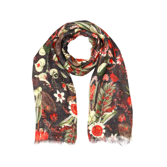 Tropical Garden Scarf – Pure Linen Wrap | Red Botanical & Exotic Bird Australian Coastal Print on Black base
