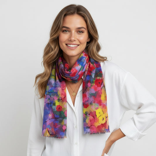 Impressionist Garden Bloom Scarf – Merino Wool Silk | Colorful Abstract Floral Wrap