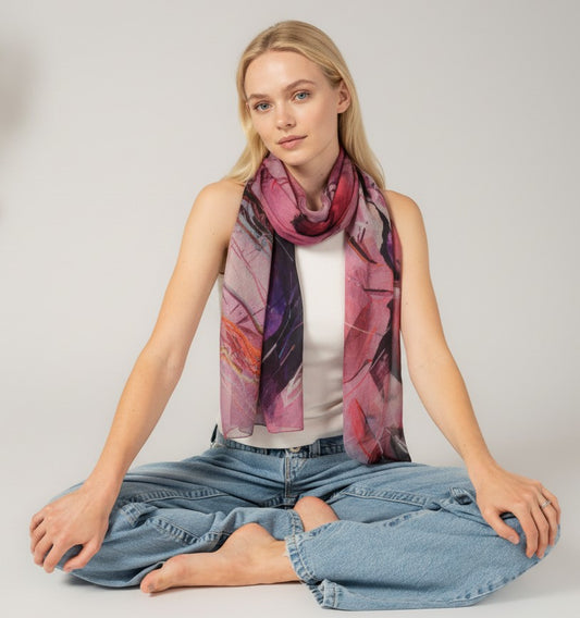Aurora Blush Abstract Scarf – Modal Silk | Pink & Purple Artistic Wrap