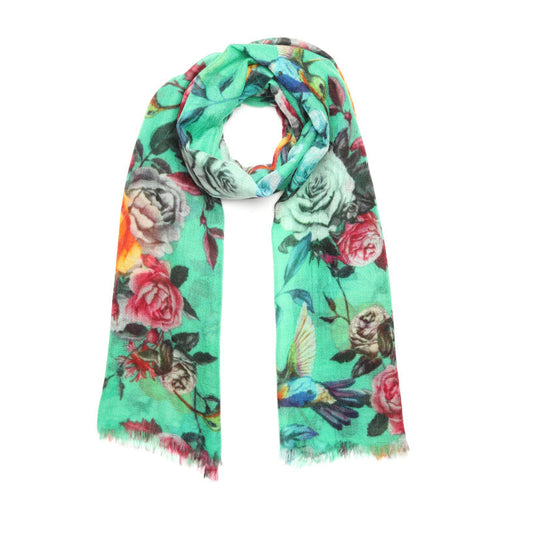 Emerald Garden Silk Scarf – Floral & Bird Botanical Print Designer Scarf