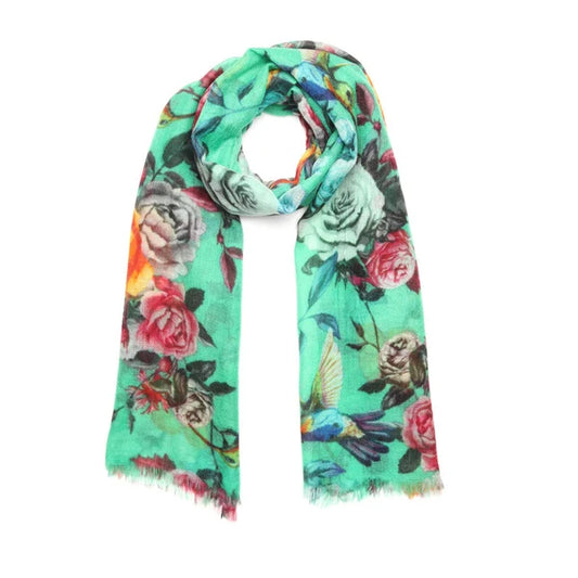 Emerald Garden Modal Silk Scarf – Floral & Bird Botanical Print Designer Scarf
