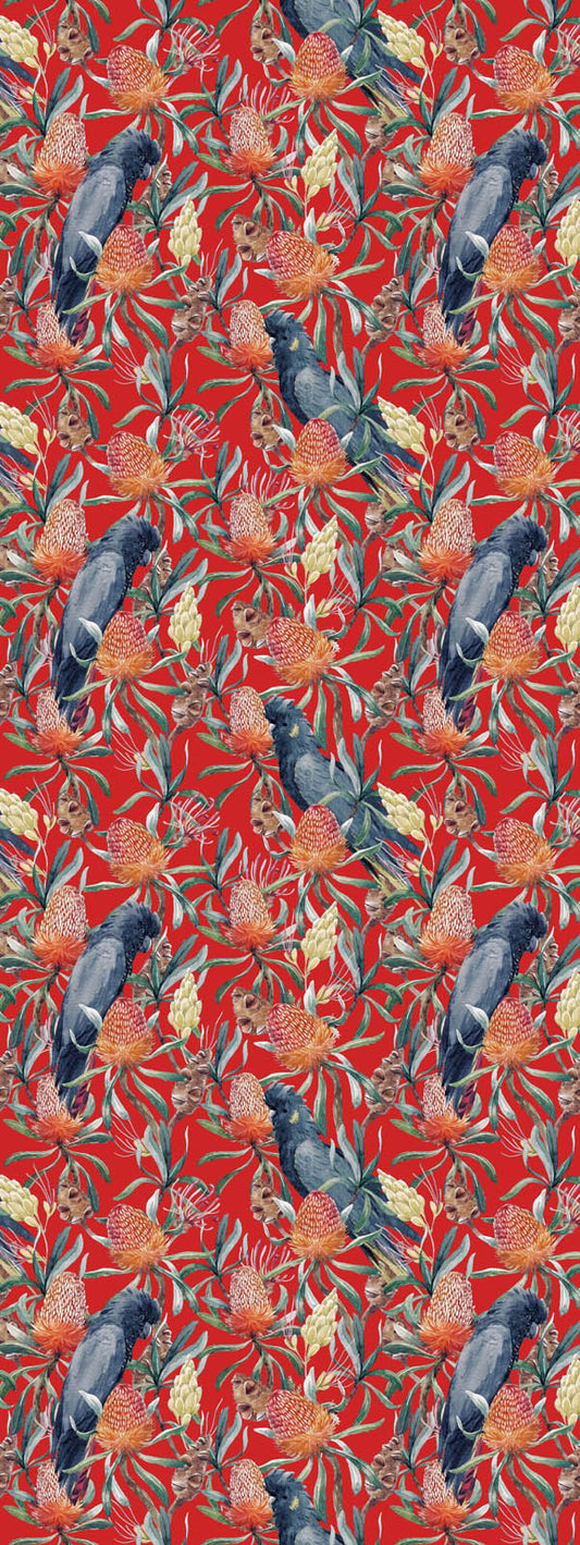 Red Cockatoo Banksia Scarf – Pure Silk | Australian Native Floral Bird Print