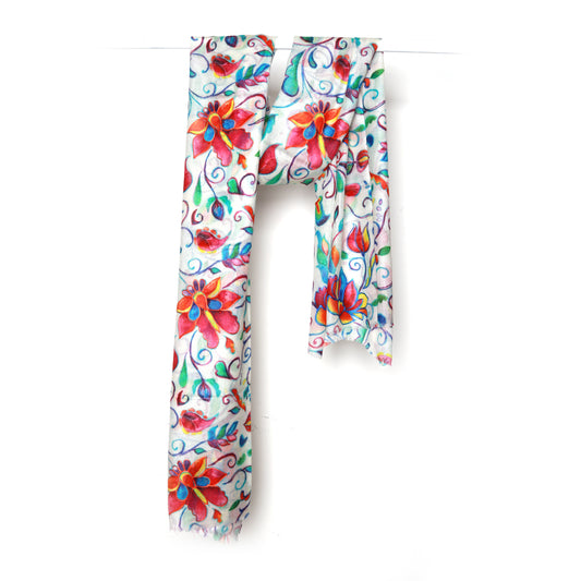 Colourful Floral Scarf – Merino Wool Embroidered Designer Wrap | Botanical Nature Print- White