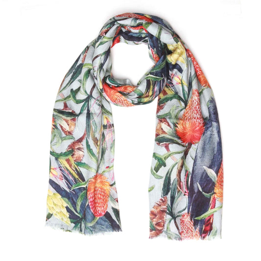 Grey Cockatoo Banksia Scarf – Merino Wool Silk | Australian Native Bird & Floral Print