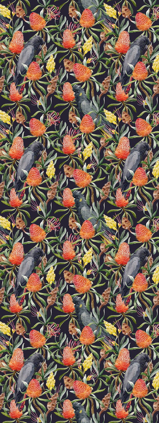 Black Cockatoo Banksia Scarf – Pure Linen | Australian Native Bird & Wildflower Print