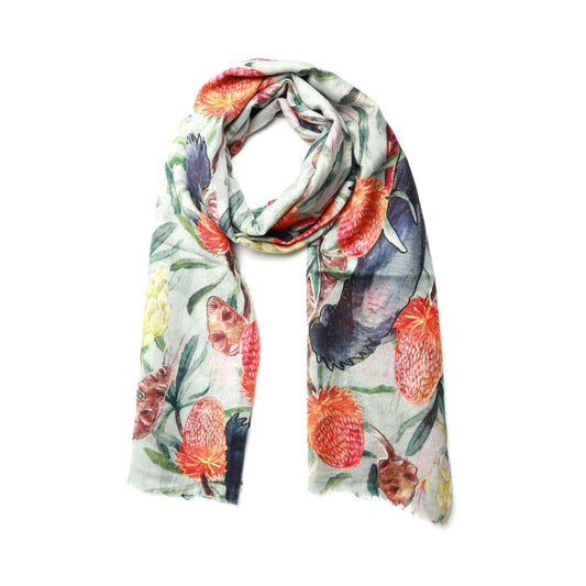Grey Cockatoo Banksia Scarf – Cotton Modal | Australian Native Bird & Floral Print